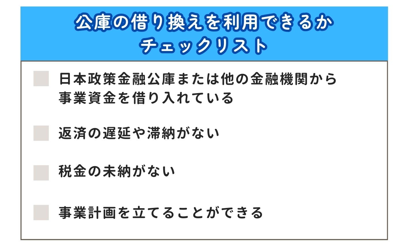 あなたは公庫の借り換えを利用できる？チェックリスト
